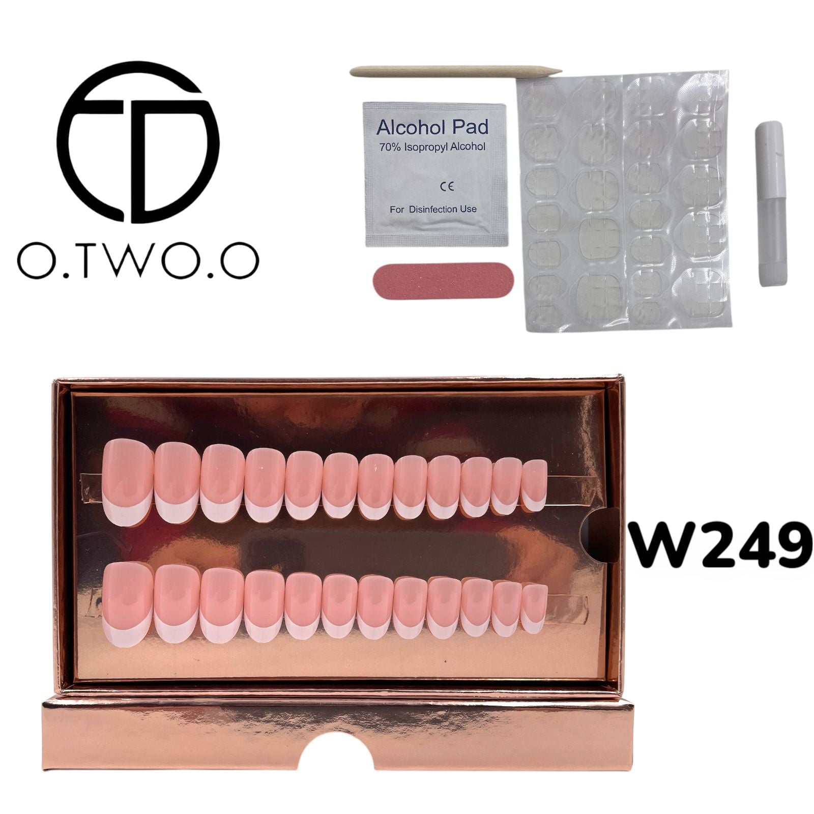O.Two.O 24 Pcs Nails Box with Nail Glue & Adhesive Tabs,Alcohol Prep Pad,Mini Nail File,Cuticle Stick
