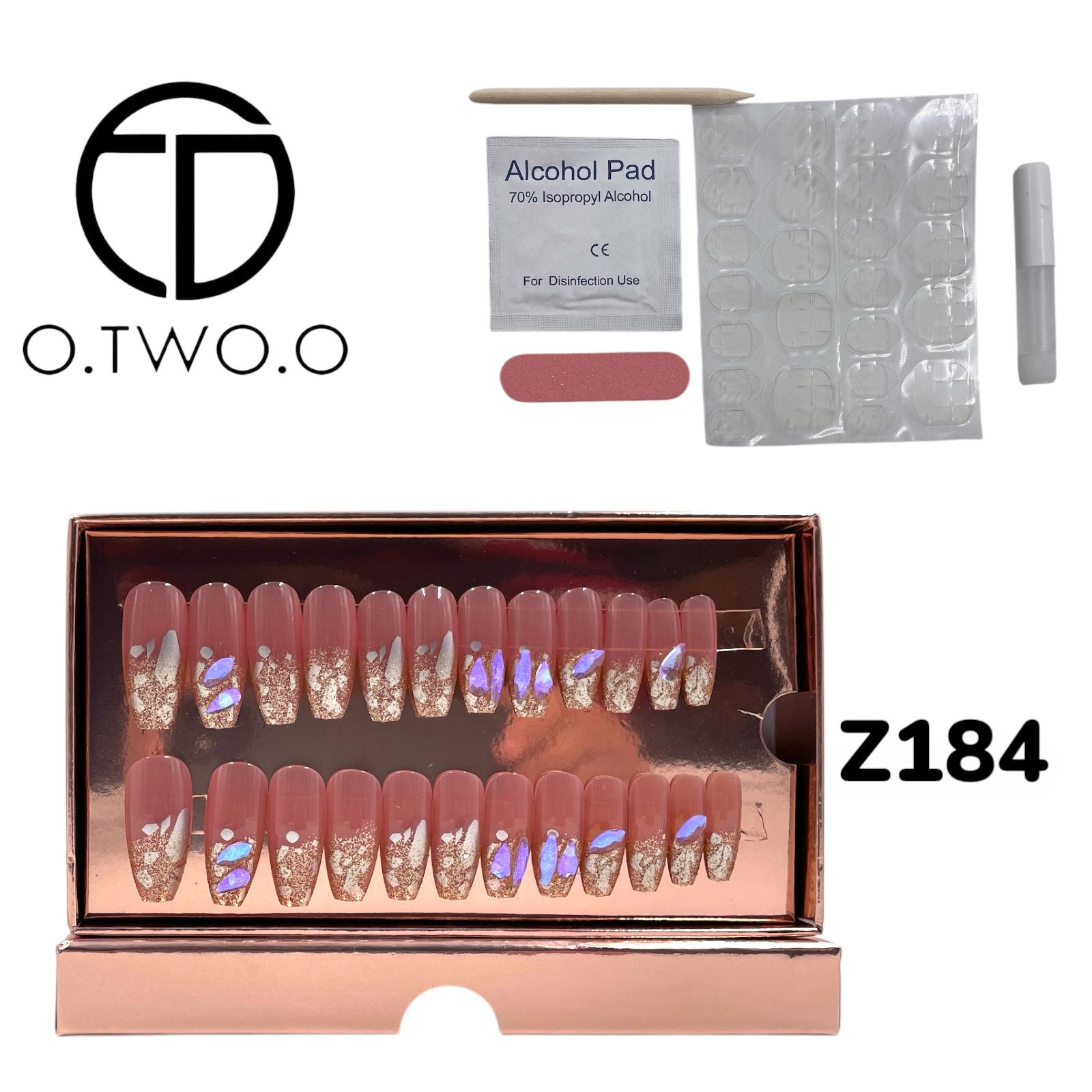 O.Two.O 24 Pcs Nails Box with Nail Glue & Adhesive Tabs,Alcohol Prep Pad,Mini Nail File,Cuticle Stick