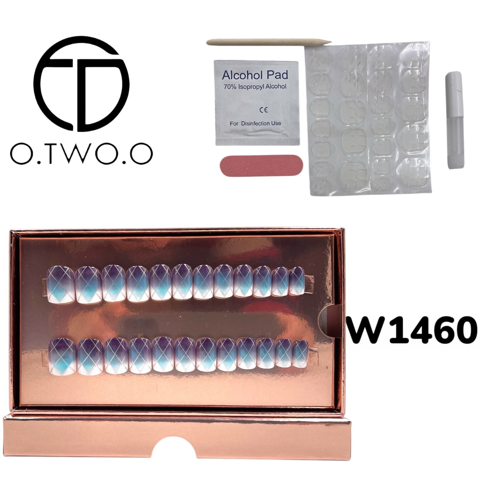 O.Two.O 24 Pcs Nails Box with Nail Glue & Adhesive Tabs,Alcohol Prep Pad,Mini Nail File,Cuticle Stick