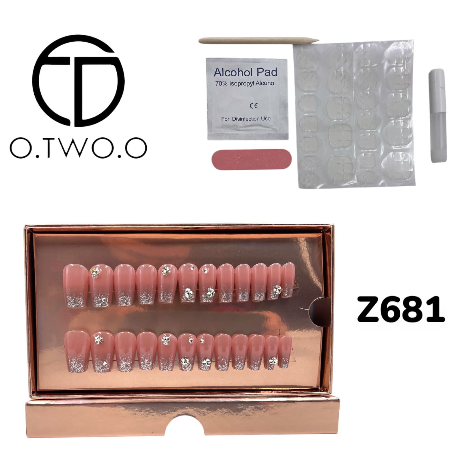 O.Two.O 24 Pcs Nails Box with Nail Glue & Adhesive Tabs,Alcohol Prep Pad,Mini Nail File,Cuticle Stick
