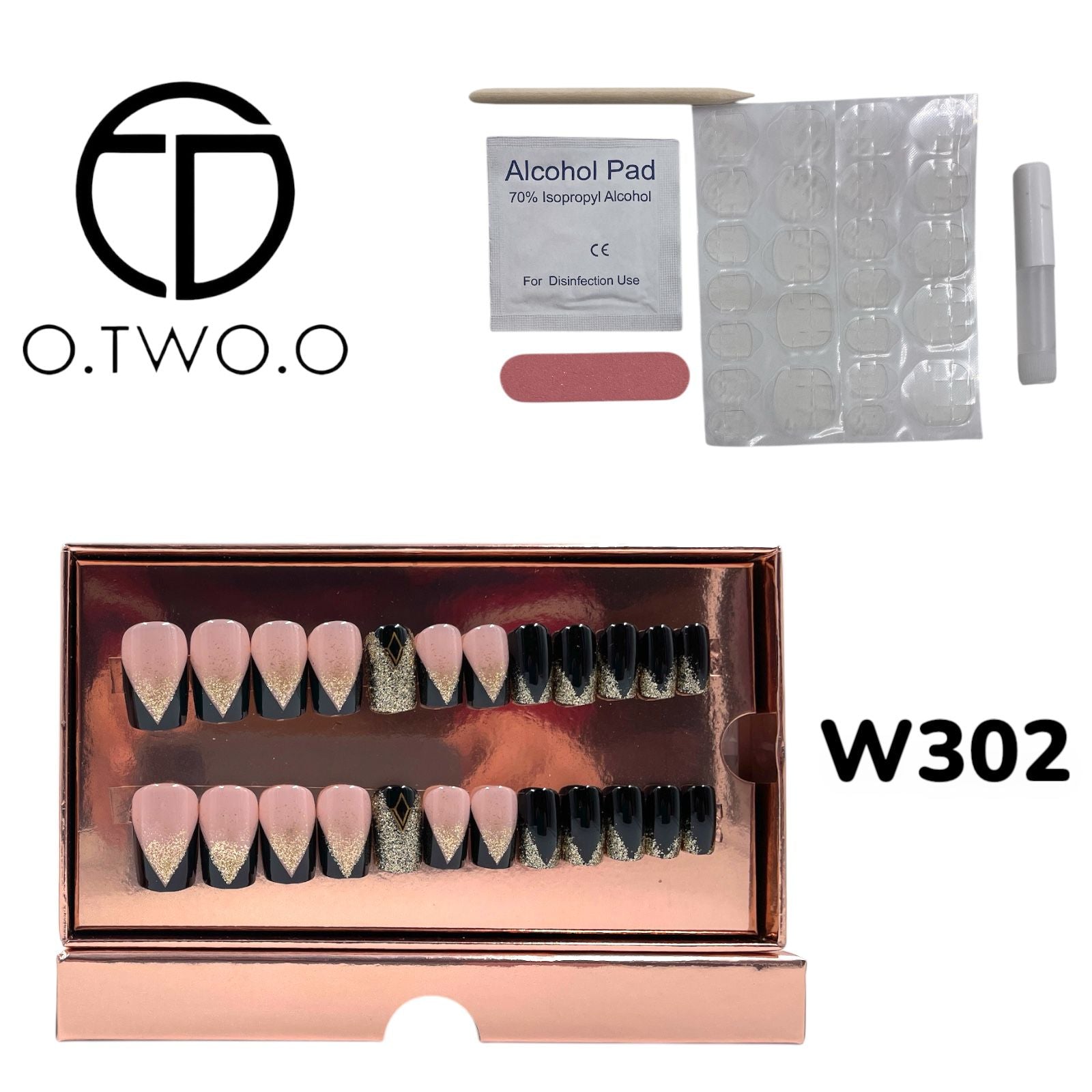 O.Two.O 24 Pcs Nails Box with Nail Glue & Adhesive Tabs,Alcohol Prep Pad,Mini Nail File,Cuticle Stick