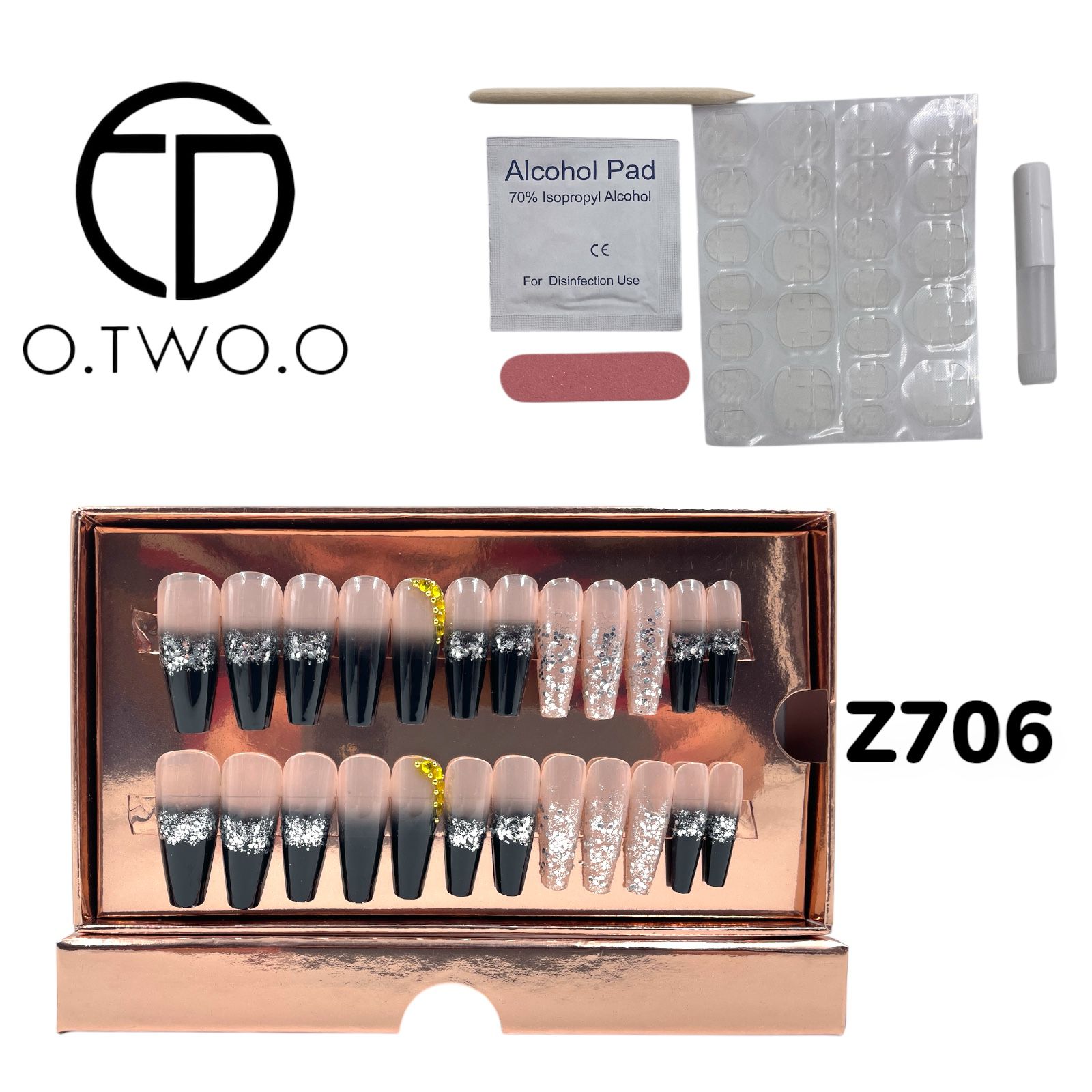 O.Two.O 24 Pcs Nails Box with Nail Glue & Adhesive Tabs,Alcohol Prep Pad,Mini Nail File,Cuticle Stick