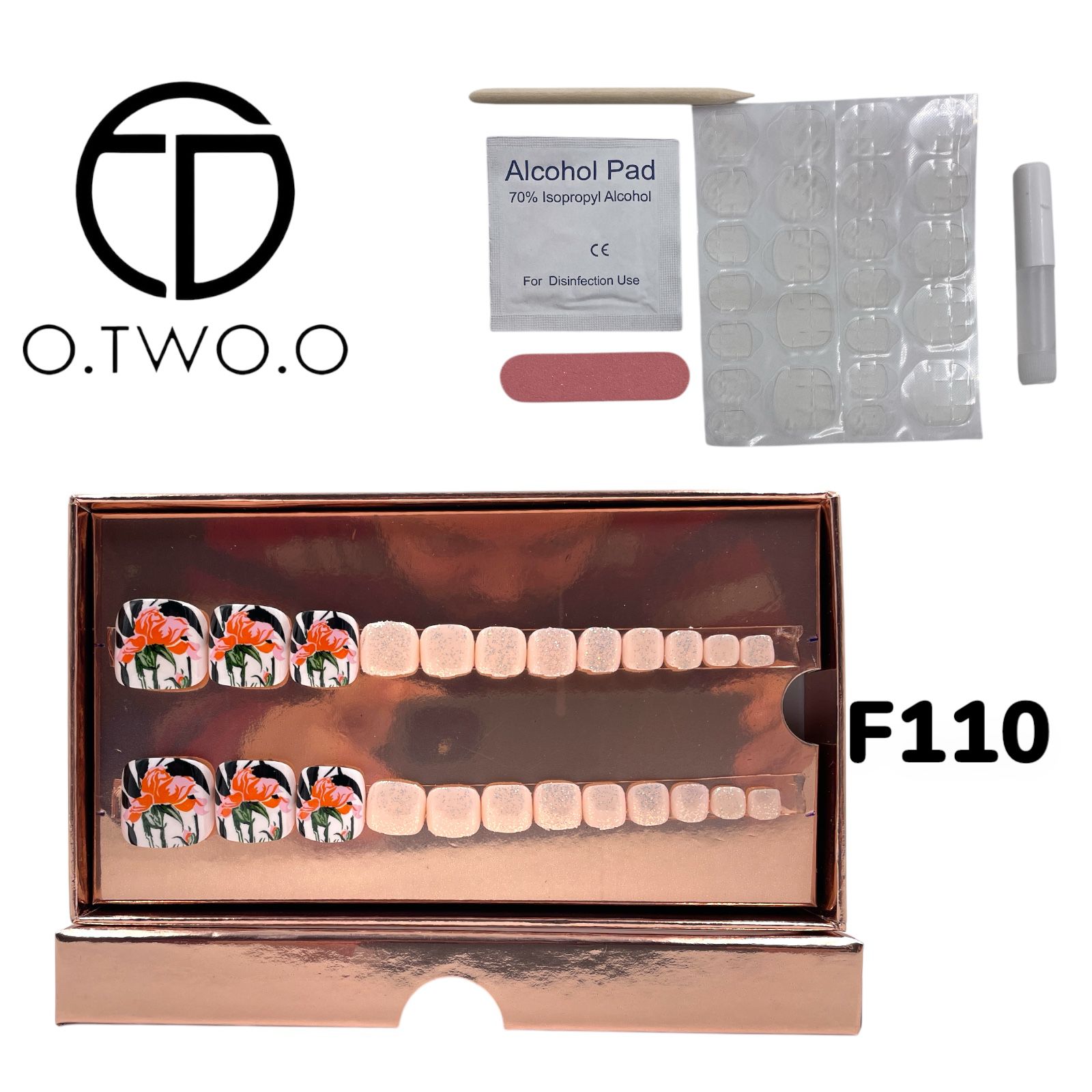 O.Two.O 24 Pcs Nails Box with Nail Glue & Adhesive Tabs,Alcohol Prep Pad,Mini Nail File,Cuticle Stick