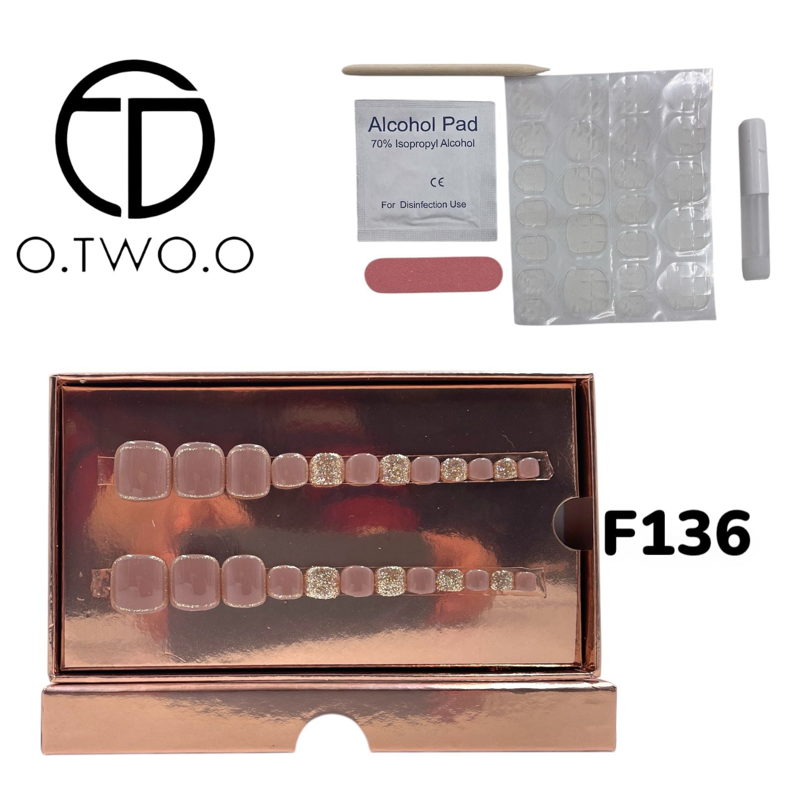 O.Two.O 24 Pcs Nails Box with Nail Glue & Adhesive Tabs,Alcohol Prep Pad,Mini Nail File,Cuticle Stick
