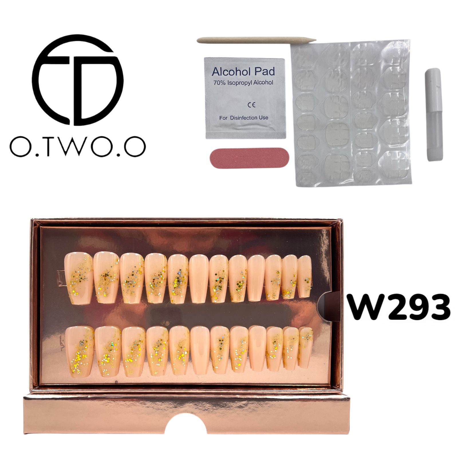 O.Two.O 24 Pcs Nails Box with Nail Glue & Adhesive Tabs,Alcohol Prep Pad,Mini Nail File,Cuticle Stick