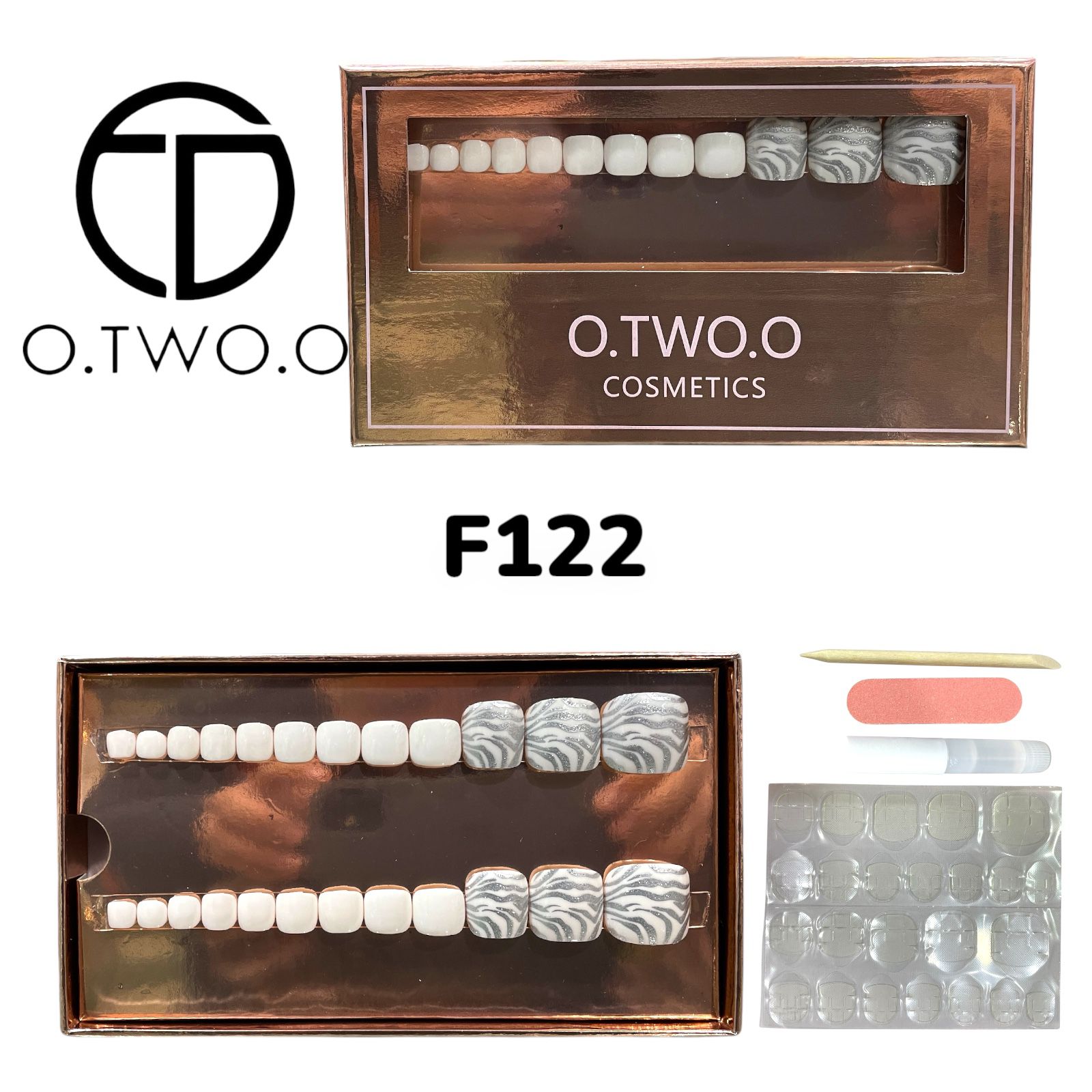 O.Two.O 24 Pcs Nails Box with Nail Glue & Adhesive Tabs,Alcohol Prep Pad,Mini Nail File,Cuticle Stick
