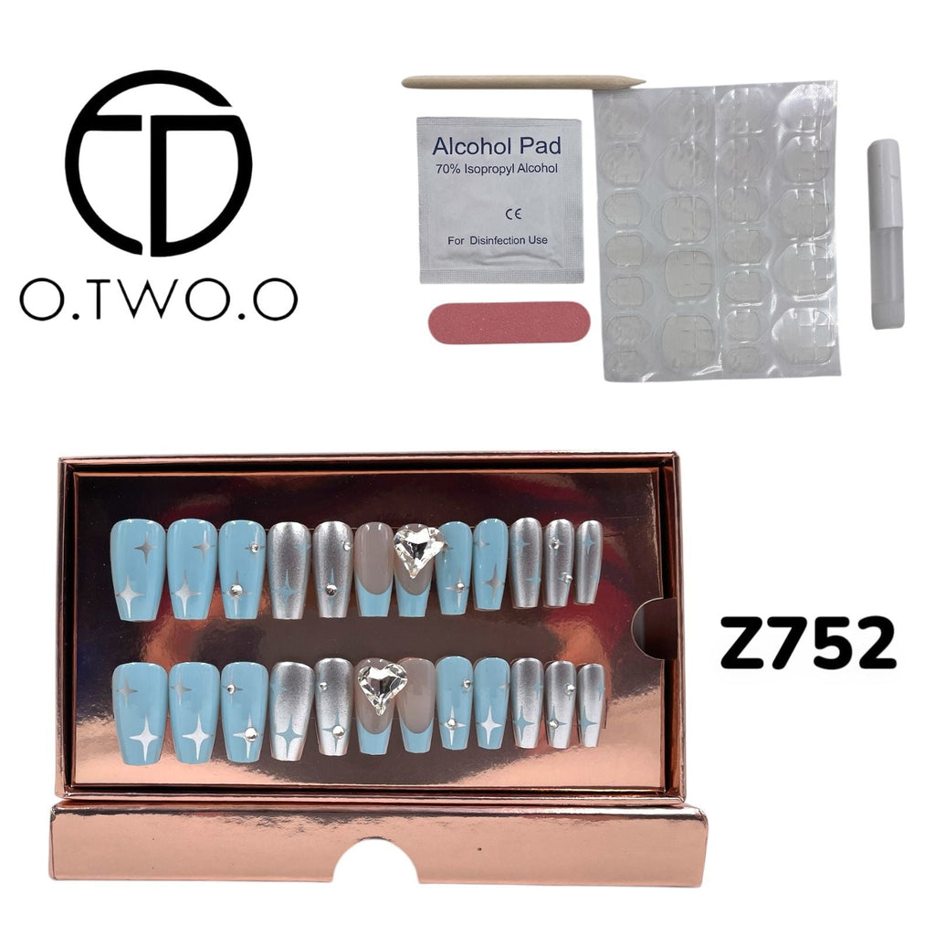 O.Two.O 24 Pcs Nails Box with Nail Glue & Adhesive Tabs,Alcohol Prep Pad,Mini Nail File,Cuticle Stick