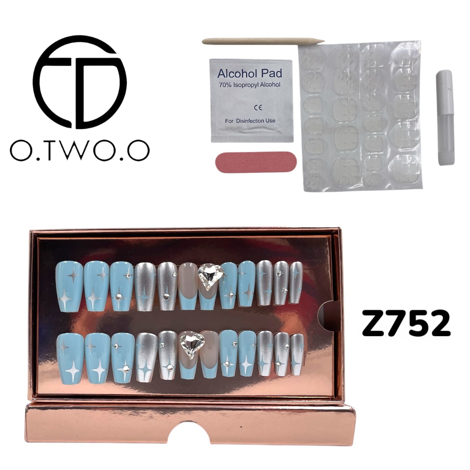 O.Two.O 24 Pcs Nails Box with Nail Glue & Adhesive Tabs,Alcohol Prep Pad,Mini Nail File,Cuticle Stick