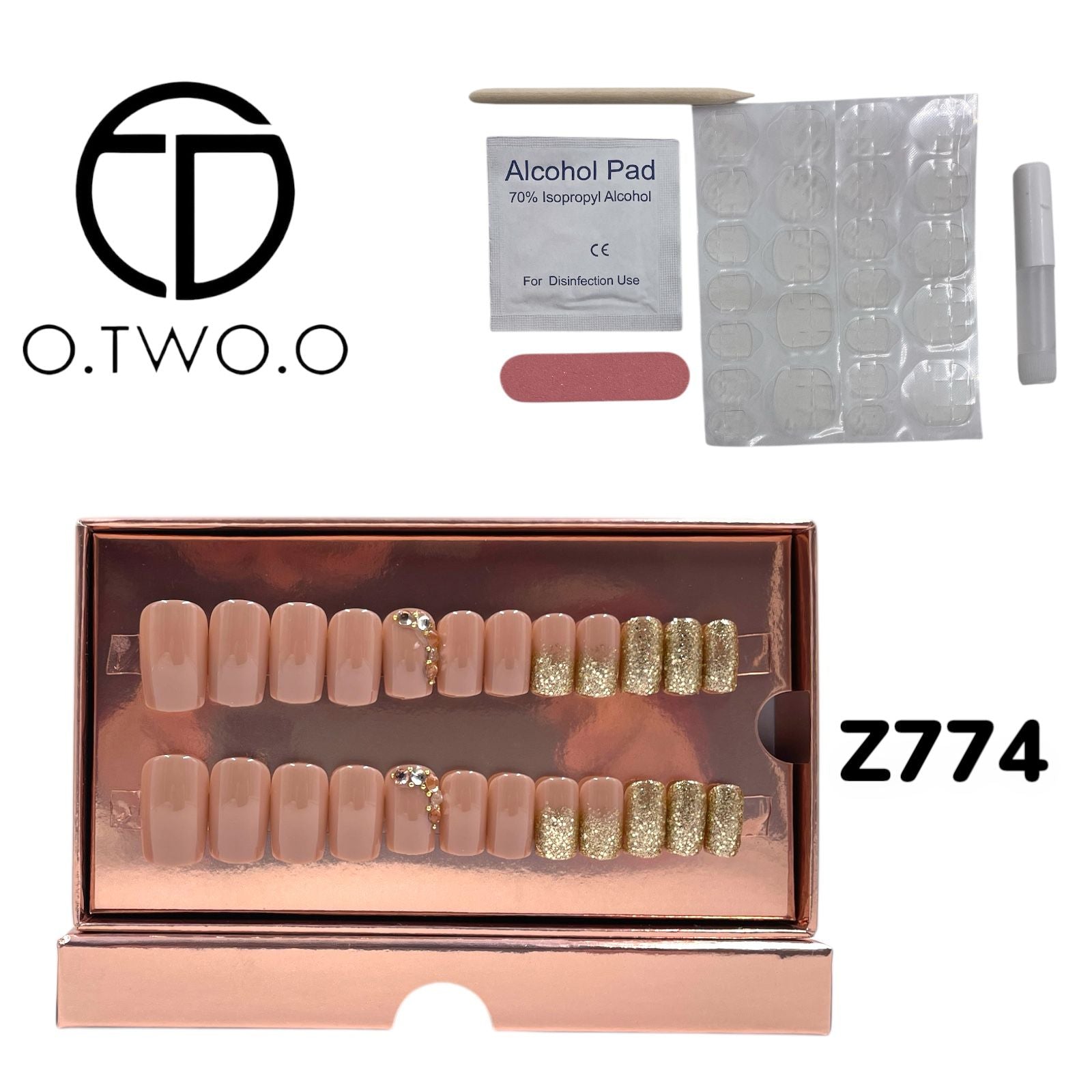 O.Two.O 24 Pcs Nails Box with Nail Glue & Adhesive Tabs,Alcohol Prep Pad,Mini Nail File,Cuticle Stick
