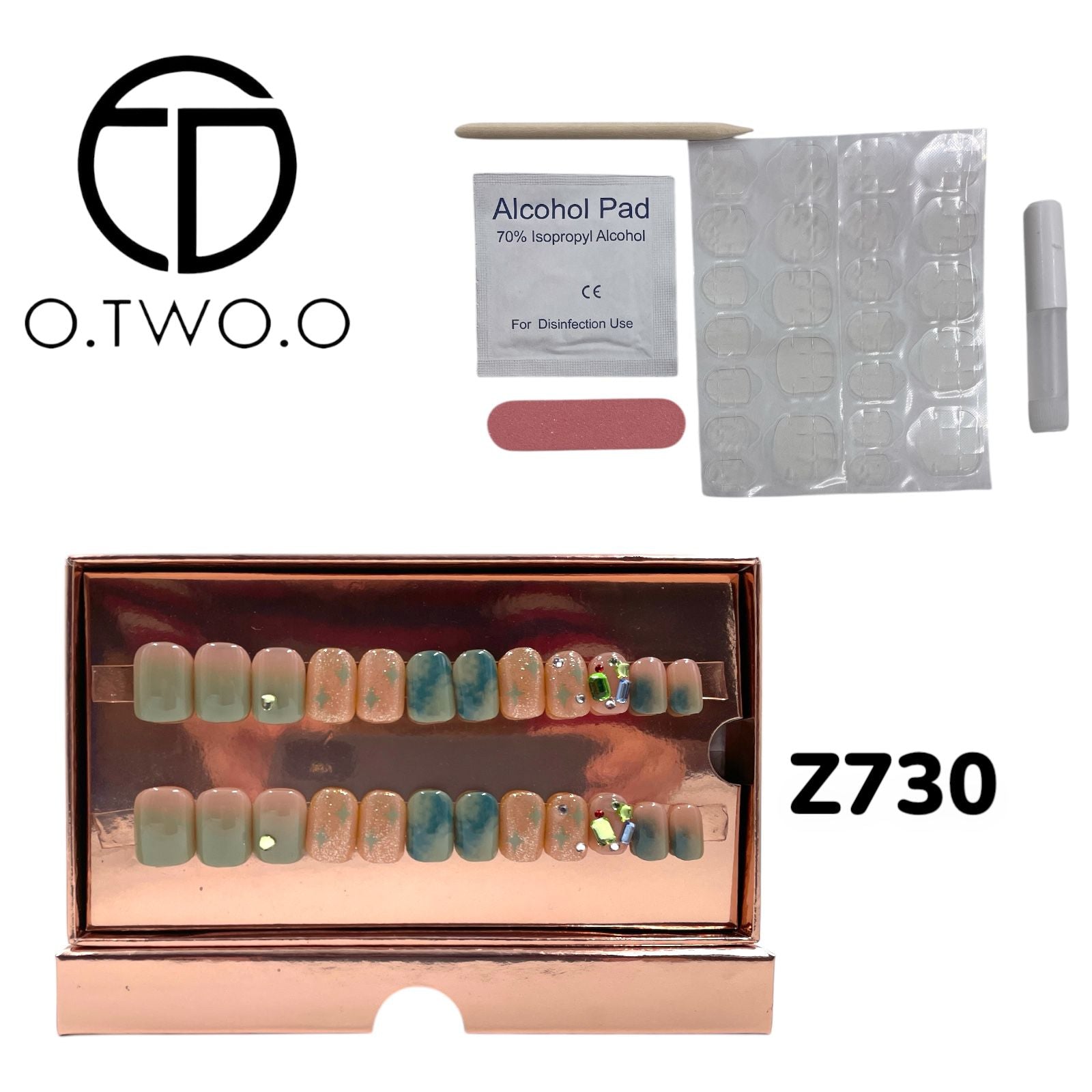 O.Two.O 24 Pcs Nails Box with Nail Glue & Adhesive Tabs,Alcohol Prep Pad,Mini Nail File,Cuticle Stick